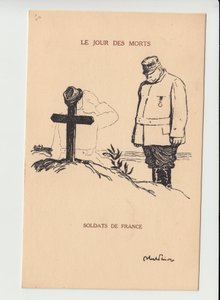 Vykort, Satirique en N & B, ca. 1915: De dödas dag - 14-18 års krig, Mourning Obseques Funerailles - Joffre, soldatillustration av Abel Faivre (1867-1945) av Jules Abel Faivre
