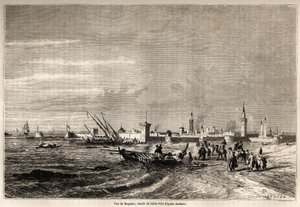 Vy över Essaouira (tidigare Mogador), teckning av Jules Noel (1810-1881), för att illustrera Mr.F. Schicklers resa till Marocko 1860. Gravyr i "" Le tour du monde, nouveau journal des voyages"" Paris