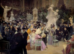 Belle epoque: "" En fredag på Salon des artistes français"" Medlemmar av den parisiska bourgeoisin träffas i samband med sociala evenemang. Detalj. Målning av Jules Alexandre Grun (1868-1934) 1911 Sön. 3,6x6,16 m Rouen, Musee des Beaux Arts
