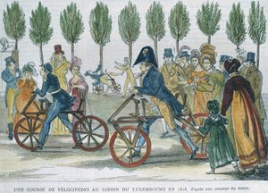 Ett velocipedlopp vid Jardin du Luxembourg 1818 efter en gravyr från tiden, graverad av P. Comte (1800-talet) (färgstick) av Jules Antoine Duvaux