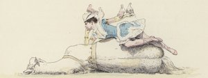 Cirkusartist, liggande på en häst, med duvor på armen och huvudet (färg litho) av Jules Arsene (after) Garnier