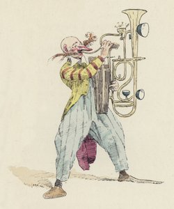 Clown spelar ett ovanligt musikinstrument (färg litho)