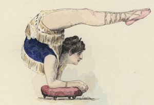 Kvinnlig gymnast gör armbågsstativ (färg litho)