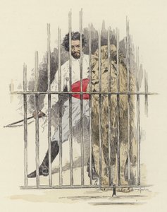 Lejon och lejontämjare i en bur (färg litho)
