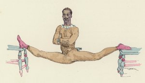 Manlig gymnast som gör splittringarna (färg litho)