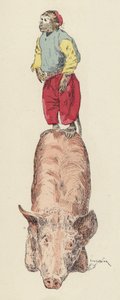 Apa som rider på en gris (färg litho)