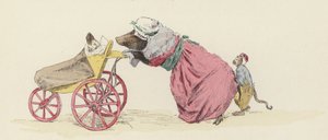 Gris som knuffar en hund i en barnvagn, med en apa bakom (färg litho)
