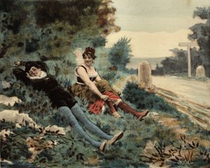 En parisare och en picard sitter på gräset. Pantagruel. Illustration av Jules Garnier. I "Rabelais och Jules Garniers verk"