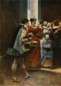 Vid ingången till en kyrka, Panurge som ger vatten till en kvinna. Pantagruel. Illustration av Jules Garnier. I "Rabelais et l