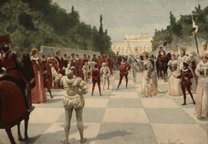 Bal som anordnas av drottningen i form av ett schackspel där bönderna är människor. Kungadömet Entelechie. Pantagruel. illustration av Jules Garnier. I "Rabelais et l