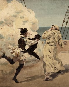 Broder Jean, skrämd av katten Rodilardus som Panurge har. Pantagruel. illustration av Jules Garnier. I "Rabelais et l