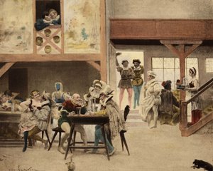 Inne på ett vandrarhem i Chinon. Pantagruel och Panurge på mellanlandningen. Pantagruel. llustration av Jules Garnier. I "Rabelais et l