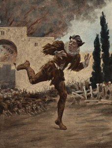 Panurge jagas av en flock hundar som flyr från den brinnande staden Mytilene (Turkiet). Pantagruel. Illustration av Jules Garnier. I "Rabelais och Jules Garniers verk" av Jules Arsene Garnier