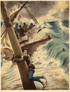 Panurge hänger på en båts matta under en sjöstorm. Pantagruel. illustration av Jules Garnier. I "Rabelais et l