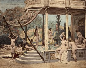 Kvinnor badar i klostret i Theleme. Gargantua. llustration av Jules Garnier. I "Rabelais et l