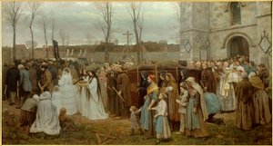 Planteringen av en Golgata procession framför en bretonsk kyrka. Målning av Jules Breton (1827-1906) 1858 sön. 1,35x2,5 m Lille, musee des Beaux Arts - Att resa en Golgata. Procession framför en bretonsk kyrka. Målning av Jules Breton (1827-1906) 1858 av Jules Breton