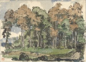 Väg i en skogsbryn, med bönder på jobbet av Jules Chadel