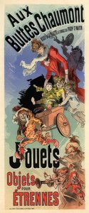 Aux Buttes Chaumont. Reklamaffisch för en leksaksaffär. Omkring 1900