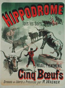 Affisch som annonserar för föreställningen "Cinq Boeufs" på Hippodrome (färglitografi) av Jules Cheret