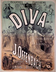 Affisch för operetten "Diva" satt till musik av Jacques Offenbach (1819-1880) på Parisian Bouffes av Jules Cheret