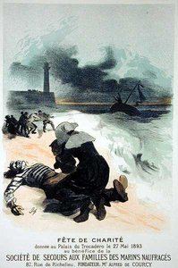 Reproduktion av en affisch som annonserar "Charity Fee", till förmån för The Society for the Safety of Families of Shipwrecked Marines, på Trocadero Palace av Jules Cheret