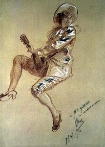 Sittande Pierrette och spelar mandolin av Jules Cheret