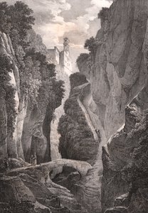 Valley of Mills i Sorrento, Kampanien, Italien, litografi av Villeneuve efter teckning av Jules Coignet (1798-1860), 21,5x34,5 cm