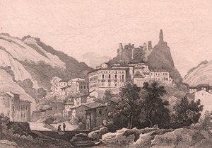 Vy över Nicastro, Kalabrien, Italien, stålstick av Dunaime efter teckning av Jules Coignet (1798-1860), ca 13x10 cm