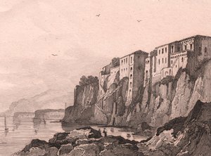 Vy över Sorrento med Torquato Tassos hus, Kampanien, Italien, stålstick av Sauvage efter teckning av Jules Coignet (1798-1860), ca 13x10 cm