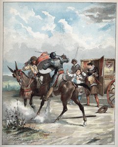 Don Quijote attackerar sin fiende - Don Quijote, på sin häst faller ut på sin fiende - Illustration av Jules David (1808-1892) från Histoire de Don Quijote (Don Quijote) - 1887 - av Miguel de Cervantes Saavedra (1547-1616) -