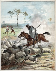 Don Quijote dödar får och trodde att de var riddare - Don Quijote på sin häst genomborrar fåren han tar för riddare - Illustration av Jules David (1808-1892) från Histoire de Don Quijote (Don Quijote) - 1887 - av Miguel de Cervantes Saavedra (1547) -1616)