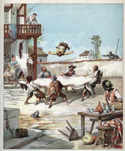 I Värdshuset Sancho Panza är manhandlad, han kallar sin herres Don Quijote för att hjälpa honom - På hotellet gör des gaillards voltiger Sancho Panza med en filt, Sancho ringer för att hjälpa sin herre Don Quijote - Illustration av Jules David (1808-1892)  av Jules David
