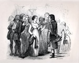 Madame de Stael (1766-1817) frågar Napoleon Bonaparte (1769-1821) om de bästa kvinnorna, ur "Napoleon" av Emile Marco de Saint-Hilaire, graverad av Bernard, Paris 1843.