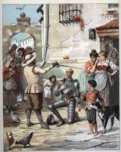 Utanför ett värdshus blir Don Quijote riddare - Illustration av Jules David (1808-1892) från Histoire de Don Quixote (Don Quijote) - 1887 - av Miguel de Cervantes Saavedra (1547-1616) -