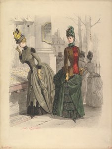 Two Women in Day Dresses: Förberedande teckning för en modetallrik från..., 19 oktober 1886. av Jules David