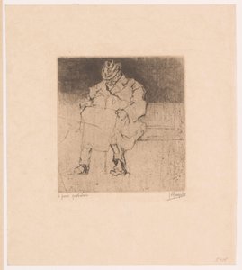 Äldre herre med käpp sitter på en bänk Le pain quotidien (titel på objekt) av Jules De Bruycker (signed by artist)