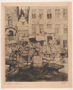 Stadsbild med fruktmarknad i Gent Fruktmarknad i Gent (titel på objekt) av Jules De Bruycker (signed by artist)