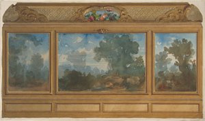 Förhöjning av en panelklädd interiör dekorerad med målade landskap och vikar med..., 1830-97. Skapare: Jules-Edmond-Charles Lachaise, Eugène-Pierre Gourdet. av Jules Edmond Charles Lachaise and Eugène Pierre Gourdet
