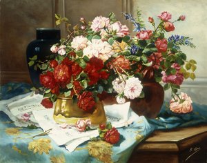 Stilleben med blommor och notblad, c.1877