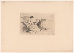 Kvinna med fläkt i låg stol av Jules Ferdinand Jacquemart (attributed to)