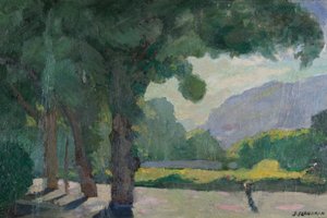 Grenoble, vy tagen från Île Verte 1922 Olja på kartong av Jules Flandrin