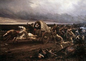 När Choletupproret avleddes beväpnat i Vendee i mars 1793, tillrättavisat i oktober av konventet och de republikanska arméerna, drog de "vita" sig tillbaka mot Loire. Målning av Jules Girardet (1856-1938)