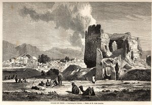 Teherans förorter (dagens Iran). Teckning av Jules Laurens (1825-1901), för att illustrera Arthur Gobineaus resa till Persien från 1855 till 1858. Gravyr i "" Le tour du monde, nouveau journal des voyages"" Paris