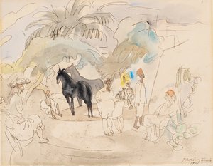 Figurer och två hästar i ett landskap, 1921 (wc på papper) av Jules Pascin