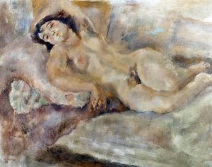 Manolita En utdragen naken kvinna. Målning av Jules Pascin (1885-1930) 1929 Paris. Kommunala museet för modern konst