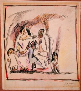 Mamma, pappa och tre barn (akvarell på papper) av Jules Pascin