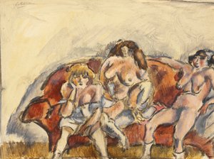 Tre kvinnor på en röd soffa av Jules Pascin