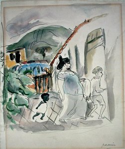 Kvinna och två barn (akvarell på papper) av Jules Pascin