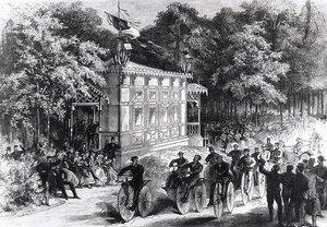 A Velocipede Race at Pre Catelan, ca 1860-70 (gravyr) (s/v foto) av Jules Pelcoq