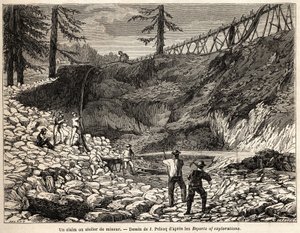 Ett gruvanspråk eller verkstad i Kalifornien, teckning av Jules Pelcoq, för att illustrera historien om Baron de Wogans resa till Kalifornien 1850-1852. Gravyr i "" Le tour du monde, nouveau journal des voyages"" Paris av Jules Pelcoq